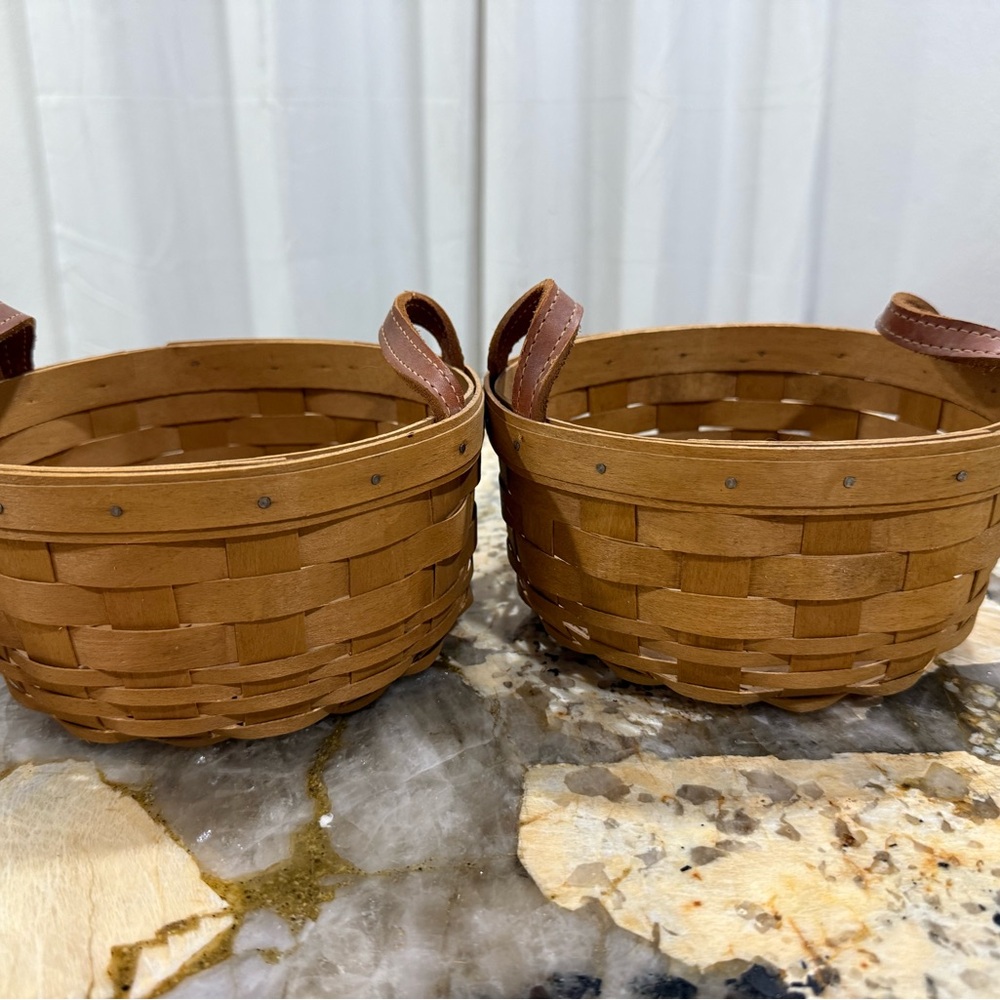 Longaberger Tan Woven Baskets with Leather Accents
